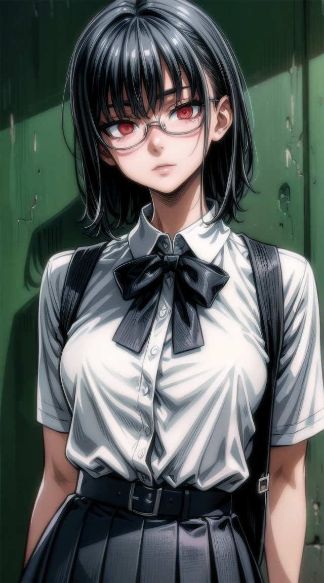 (masterpiece, best quality: 1.2), yoru(chainsaw man),(very detailed face, real image, realistic skin, realistic body, intricate details), red eyes (intimidating look), light blush, social clothing, semi-open button-up shirt (White), white bra, Skirt (black), black belt with buckle, short hair, glasses, small breasts, close-up, large thighs, classroom, blackboard.