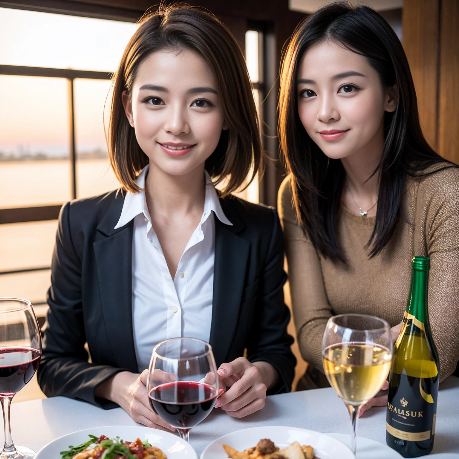 ((Highest quality、8K、masterpiece:1.3))、Slim Couple、modelカップル、(Realistic, Intricate details:1.2), full-course dinner、Wine Party、Amazing view of the sunset sky and clouds、A bright smile、The wonderfulness of smile、 (Age 37), 39 years old, red wine 、Appetizers、Italian food、Wine bottle、sparkling wine、Two beauties、Brown Hair、Shortcuts、Long sleeve shirt、dress、 (Slim face), (The body is スリム), (Brown Hair), (Shortcuts), actress, model, wine glass, 中央に置かれたwine glass, smile, (smile: 1.15), Beautiful fine grain, Depth f/2,saturation, High Contrast, Strong light and shadow,Moist Body:1.5、3D texture、Delicate eyes、Brown Hair、The hair is very shiny、