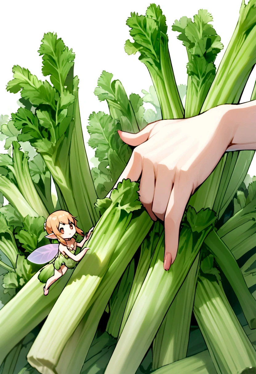 a  fairy flying over a pile of Celery, holding one Celery on her hand