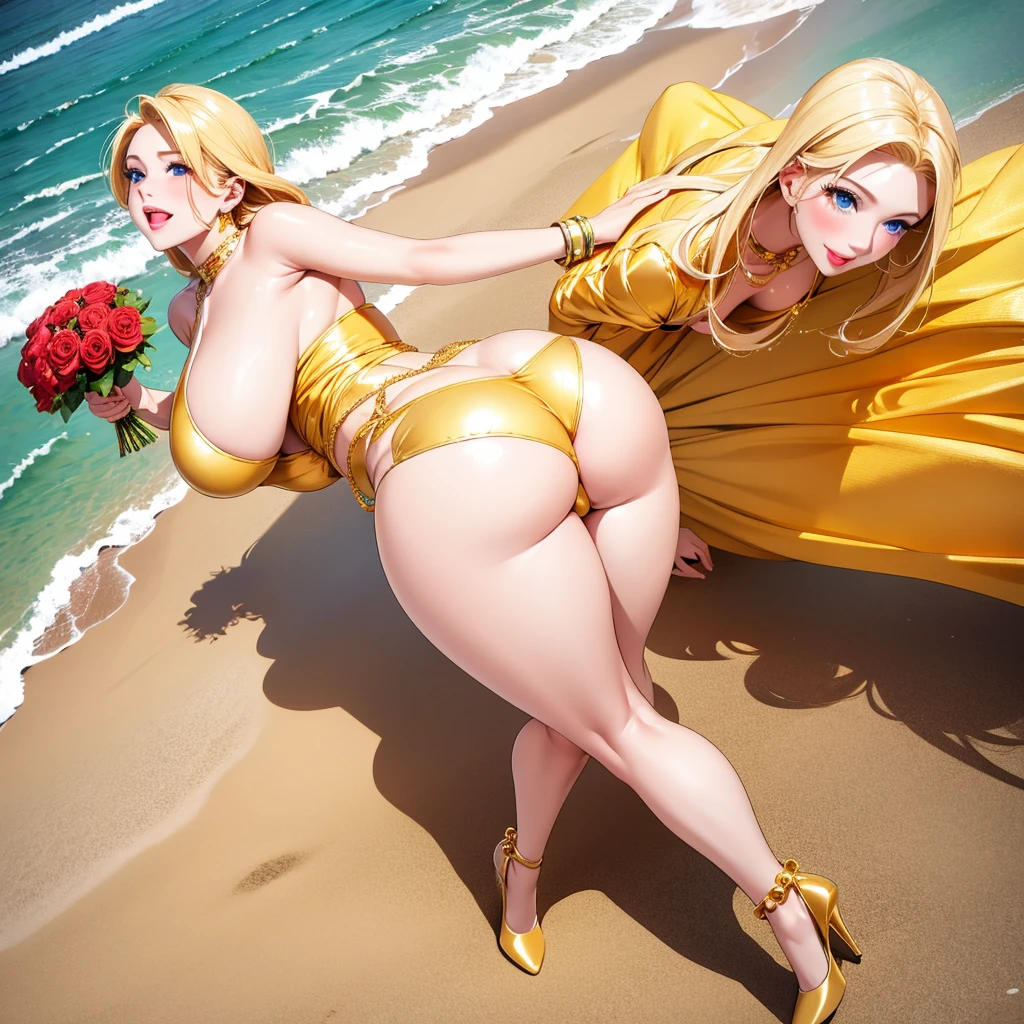 An extremely beautiful stunning busty woman, with gold blonde long silky hair, big blue eyes, extremely super bright snow white fair stunning flawless glowing lush shiny flawless white skin, a perfect tight hourglass figure, and a skinny waist, sexy thick smooth luscious legs and thighs, extremely cute smile on the face, bright pink blushes on cheeks, wearing a short sexy tight revealing white sexy bikini with threadsr, yellow heels, gold necklace on the neck, gold anklets on feet, gold chain on the waist, standing straight, holding a red roses bouquet, beach in the background, show full body from head to feet.