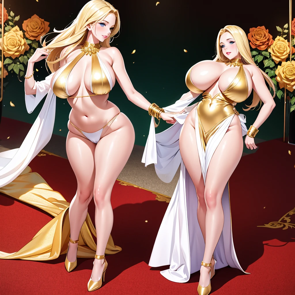 An extremely beautiful stunning busty woman, with gold blonde long silky hair, big blue eyes, extremely super bright snow white fair stunning flawless glowing lush shiny flawless white skin, a perfect tight hourglass figure, and a skinny waist, sexy thick smooth luscious legs and thighs, extremely cute smile on the face, bright pink blushes on cheeks, wearing a short sexy tight revealing white sexy bikini with threadsr, yellow heels, gold necklace on the neck, gold anklets on feet, gold chain on the waist, standing straight, holding a red roses bouquet, beach in the background, show full body from head to feet.