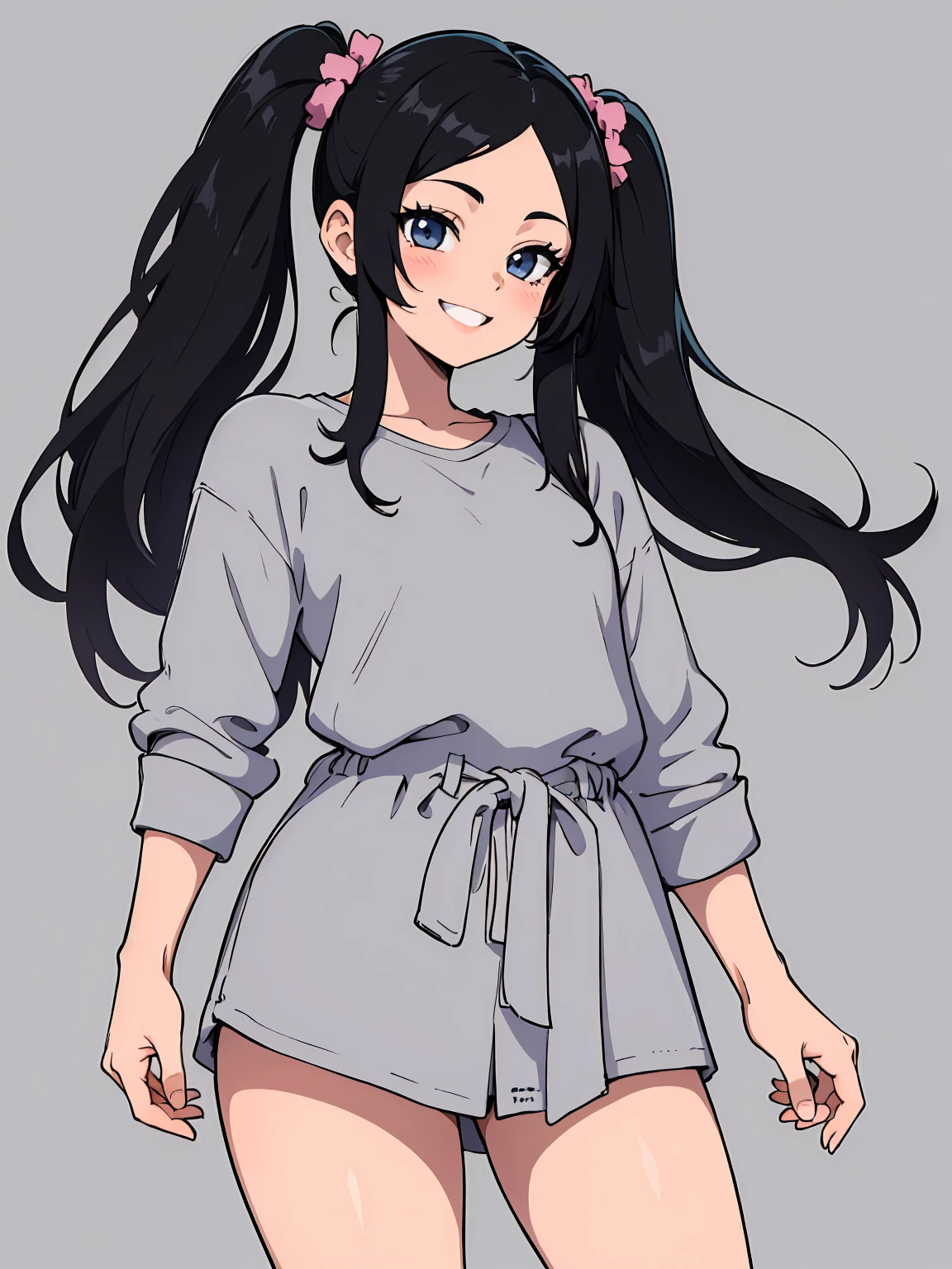 (masterpiece), (best quality), (detailed), anime screencap, lineart, sketch, (1girl), solo, twin tails, black hair, long hair, smile, :D, casual clothes, (fully clothed), full body shot, standing, posing, model pose, ambient soft lighting, (simple background:1.3), grey background, 