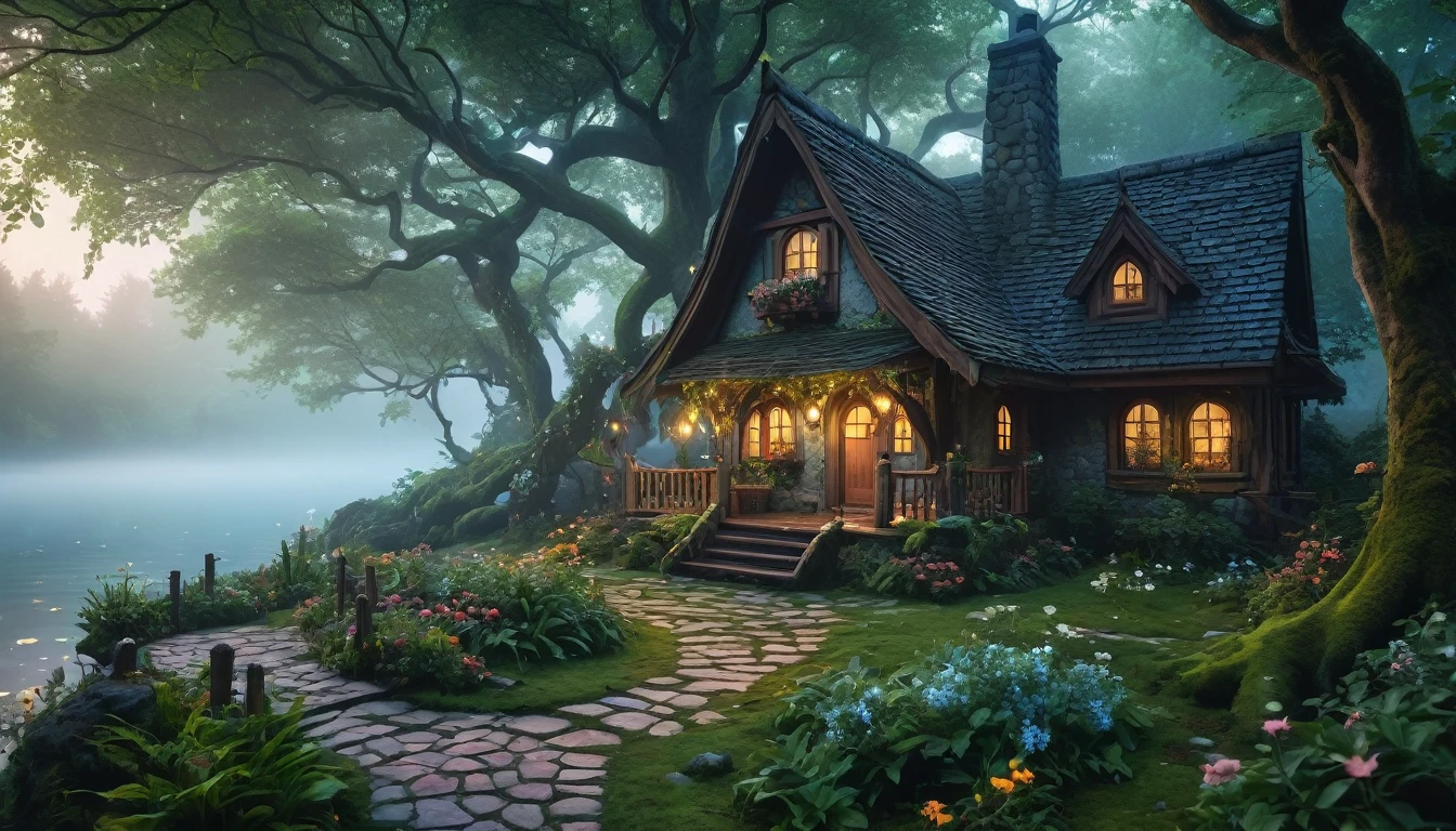 (best quality, 4k, 8k, highres, masterpiece:1.2), ultra-detailed, (realistic, photorealistic, photo-realistic:1.37), Cozy witch cottage deep in in the middle of a dense forest, enchanted forest, Comes with a bouncing mushroom roof, whimsical treehouses, lush greenery, sparkling waterfalls, fairy lights, dainty flowers, serene atmosphere, fairy dust, ethereal beings, peaceful lakeside, cobblestone pathways, celestial stars, stunning architecture, mystical fog, harmonious colors, surreal ambiance, fairytale-like cottages, whispering winds, dream-like, imagination, tranquil haven, nocturnal magic, dense foliage, thick trees, overgrown vegetation, secluded, deep woods, night, overcast sky, thick clouds covering the sky, Style similar to Milipili. Surreal, 8K, bright colors, Clear and sharp images