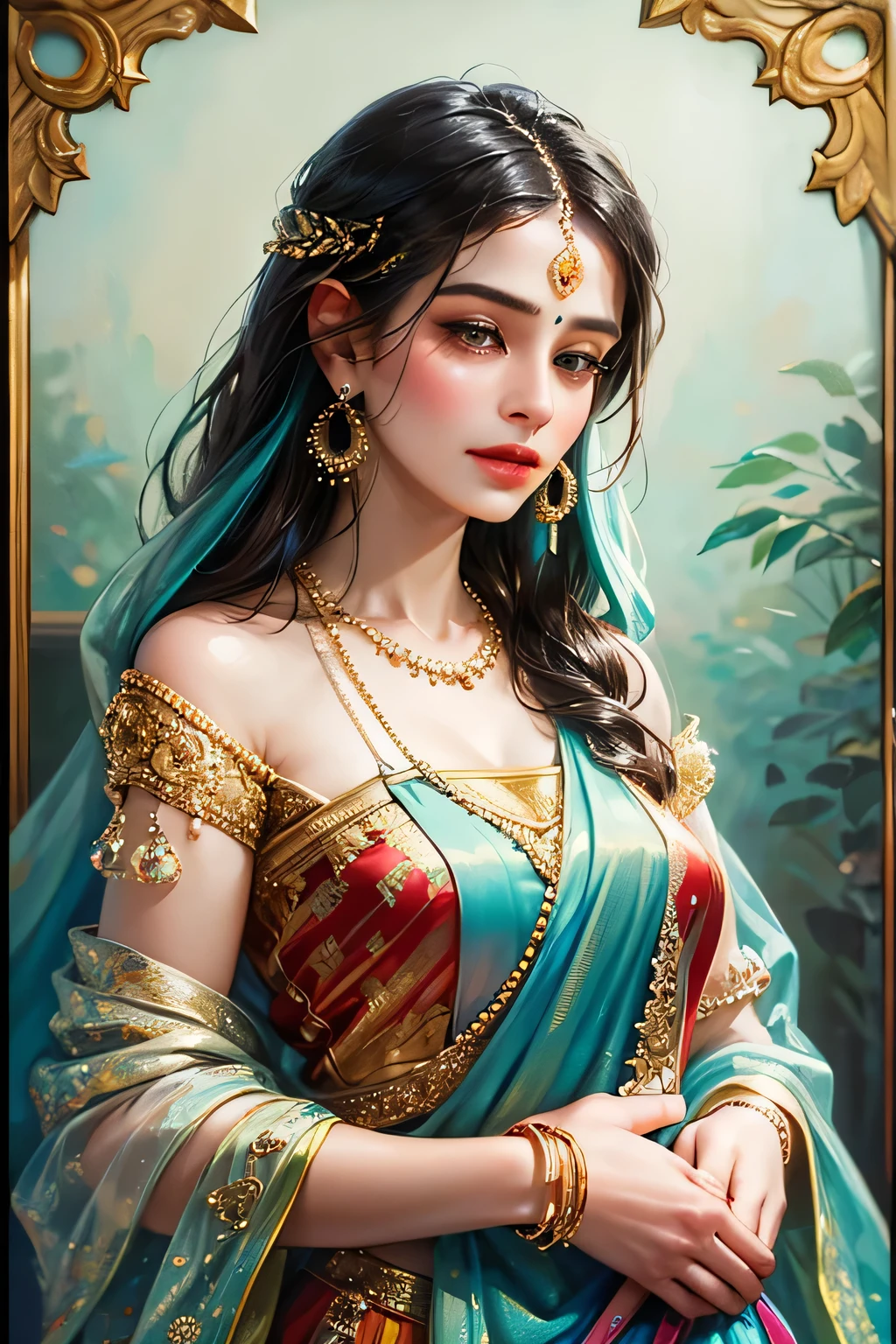 painting of a woman in a colorful sari with a necklace and earrings, beautiful character painting, painting of beautiful, indian art, traditional beauty, beautiful art uhd 4 k, beautiful digital artwork, very beautiful portrait, beautiful digital painting, detailed beautiful portrait, gorgeous woman, stunning digital painting, beautiful portrait, beautiful digital art, stunning portrait, beautiful gorgeous digital art, indian