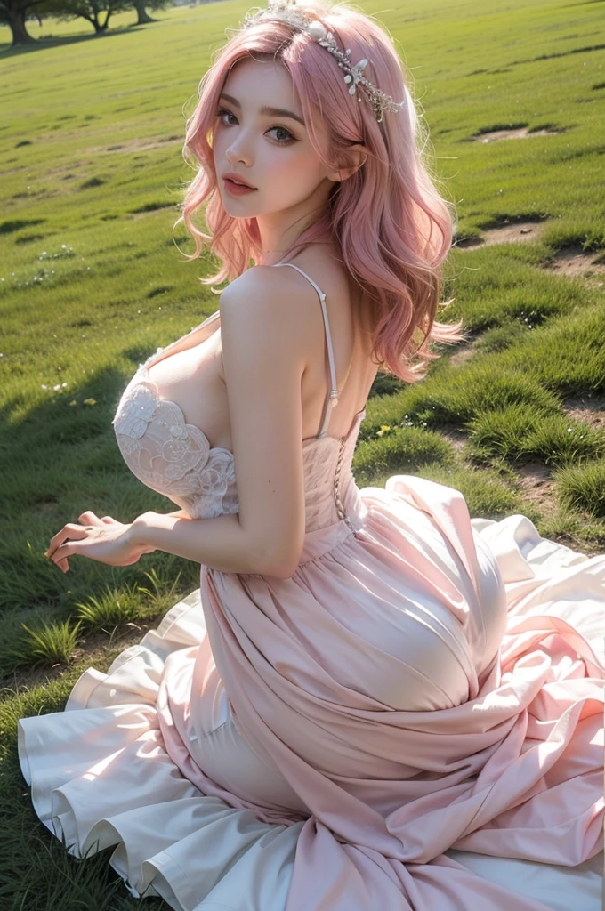 Light pink hair, Pink Eyes,White Wedding Dress,Wavy Hair,Large Breasts,Big Ass,lawn
