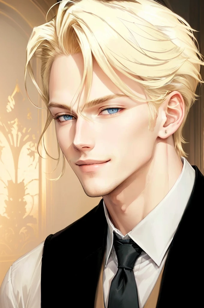 there is a man with blonde hair and a vest and tie, delicate androgynous prince, beautiful androgynous prince, handsome guy in demon slayer art, johan liebert mixed with alucard, charming sly smile, tall Handsome guy with blue eyes, johan liebert mixed with dante, handsome prince, handsome man, johan liebert, portrait of magical blond prince, Very tempting Very handsome, Seductive smile