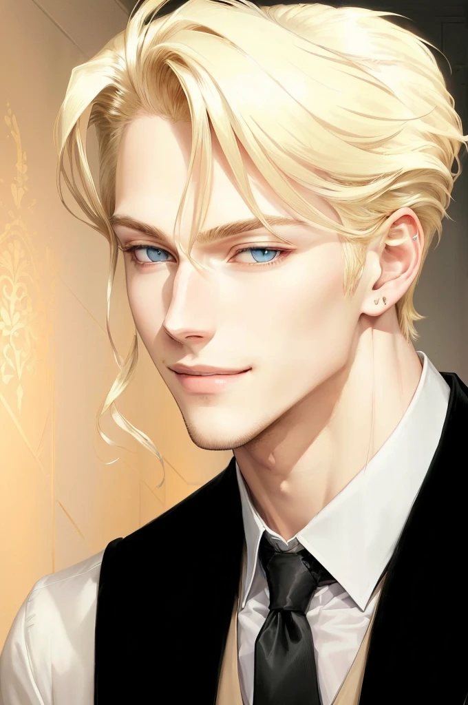 there is a man with blonde hair and a vest and tie, delicate androgynous prince, beautiful androgynous prince, handsome guy in demon slayer art, johan liebert mixed with alucard, charming sly smile, tall Handsome  guy with blue eyes, johan liebert mixed with dante, handsome prince, handsome man, johan liebert, portrait of magical blond prince, Very tempting Very handsome, Seductive smile 