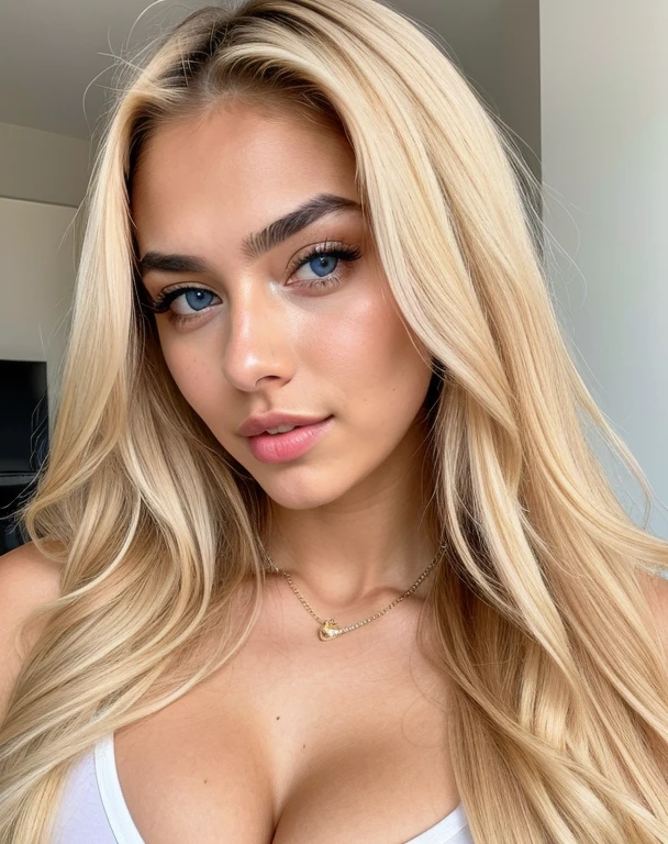 One girl, very pretty, 20 years old, tanned, long hair, blonde hair, blue eyes, sharp eyebrows, big lips, slim, realistic, cleavage, Instagram, influencer, cute, posing, wearing clothes, high-res, ultra-detailed, vivid colors, professional lighting.