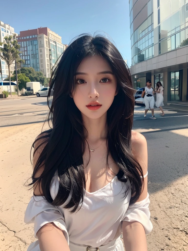 one girl,Beutiful women, Along the coast,During the day,Wearing a white camisole,Long Hair,Black hair color