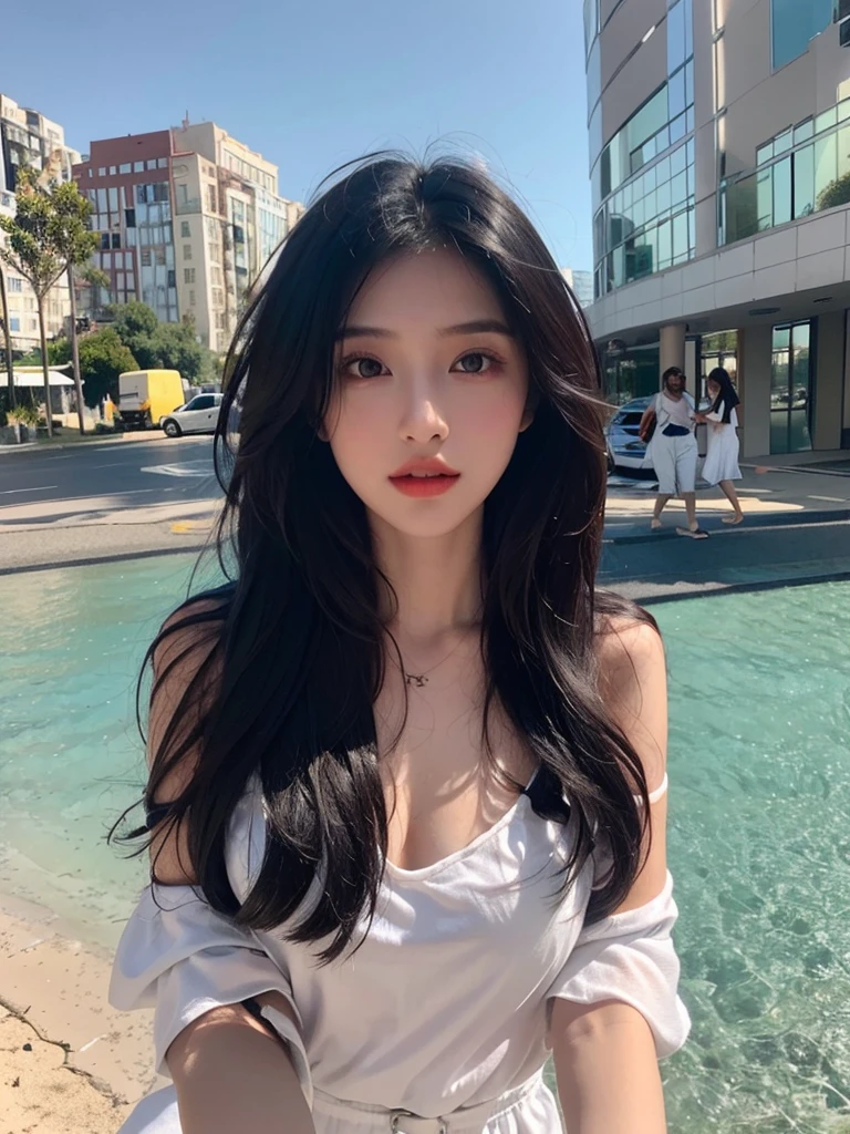 one girl,Beutiful women, Along the coast,During the day,Wearing a white camisole,Long Hair,Black hair color