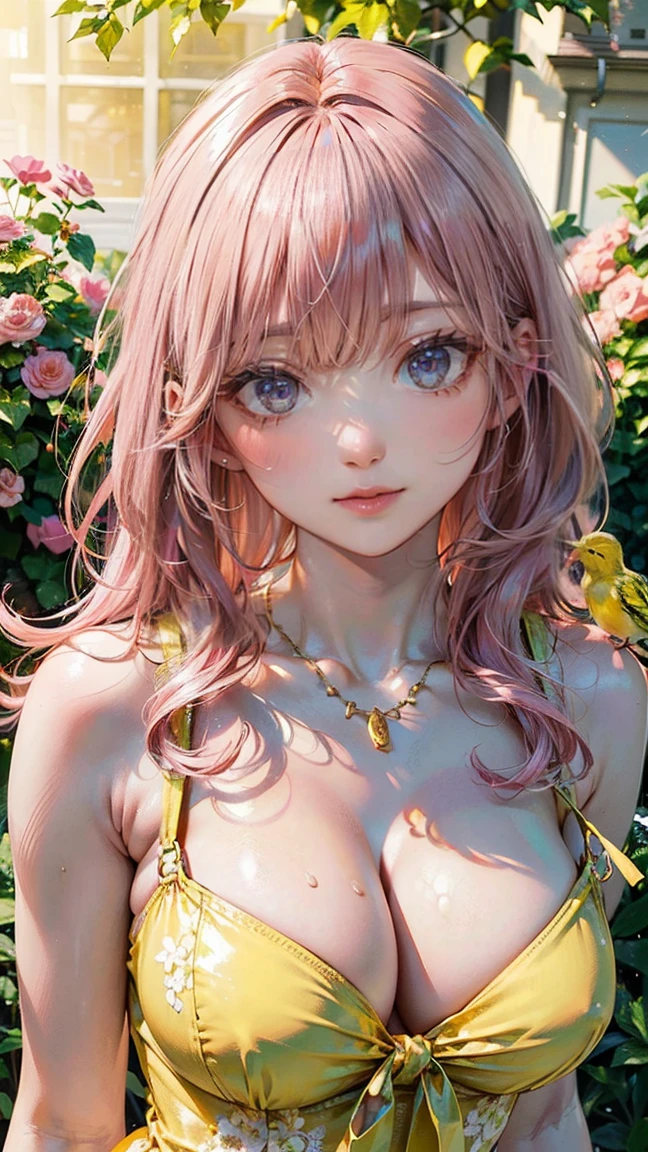 (Masterpiece, BestQuality:1.3), (ultra detailed:1.2), (hyperrealistic:1.3), (RAW photo:1.2), High detail RAW color photo, professional photograph, (Photorealistic:1.4), (realistic:1.4), (Pink Hair:1.5), professional lighting, perfect anatomy, (Big Breasts:1.2), (blush, detailed face), (cheerful Smile:1.5), Trending Hair&Trending Hairカラーをランダムに, earrings, necklace, bracelet, sexly, erotic sexly, Random sexy gravure poses, (Sexy beauty in a canary yellow dress、Summer Garden Background、Smiling face、Sunny pose、Shoulders exposed: 1.3)