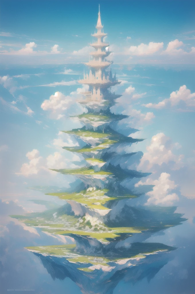 Gently illustration, Soft atmosphere, Pastel colored pencil illustrations, absurd, meticulously made, Ultra-high quality, Ultra Detailed, landscape, Sky, water, cloud，Sky, architecture, Sky Palace Castle，Looming，极好的landscape, Magnificent views, 在cloud端，Solitary，Sky Island