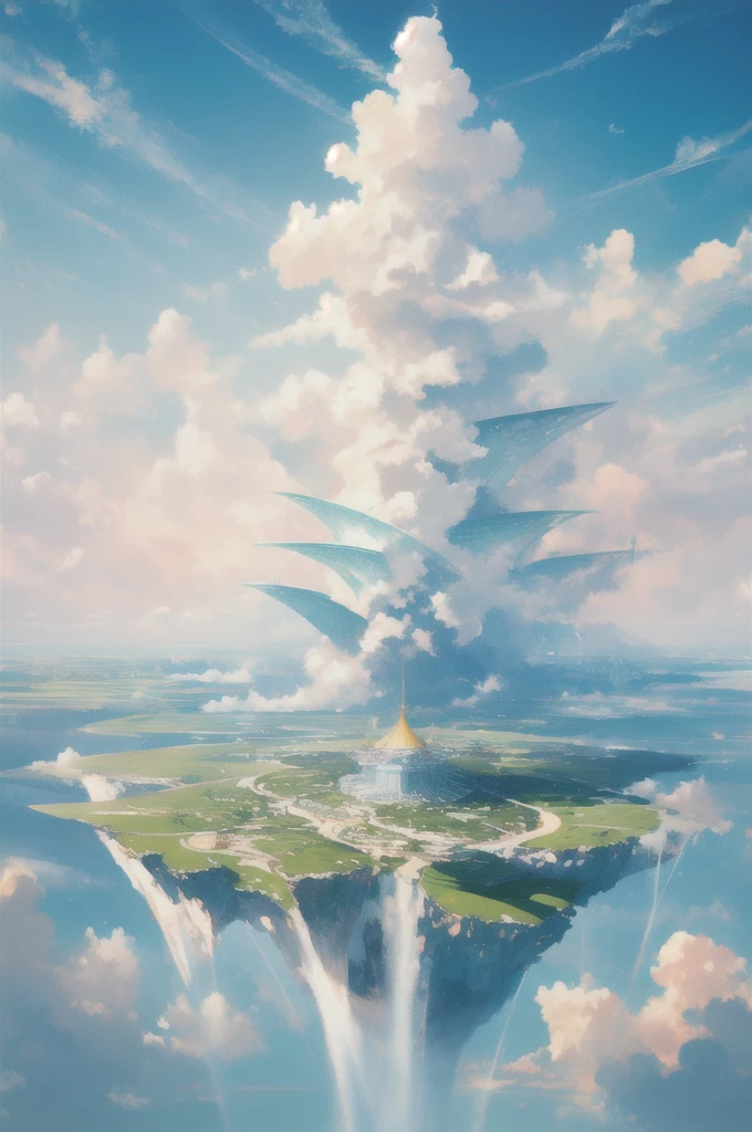 Gently illustration, Soft atmosphere, Pastel colored pencil illustrations, absurd, meticulously made, Ultra-high quality, Ultra Detailed, landscape, Sky, water, cloud,Sky, architecture, Sky Palace Castle,Looming,极好的landscape, Magnificent views, 在cloud端,Solitary,Sky Island