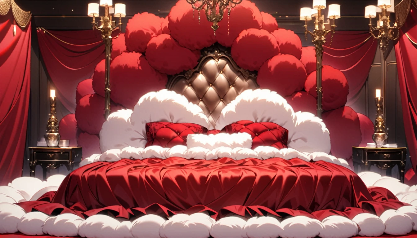 Fluffy red silk duvet、Lots of giant silk pillows、Luxurious fluffy red silk bed

