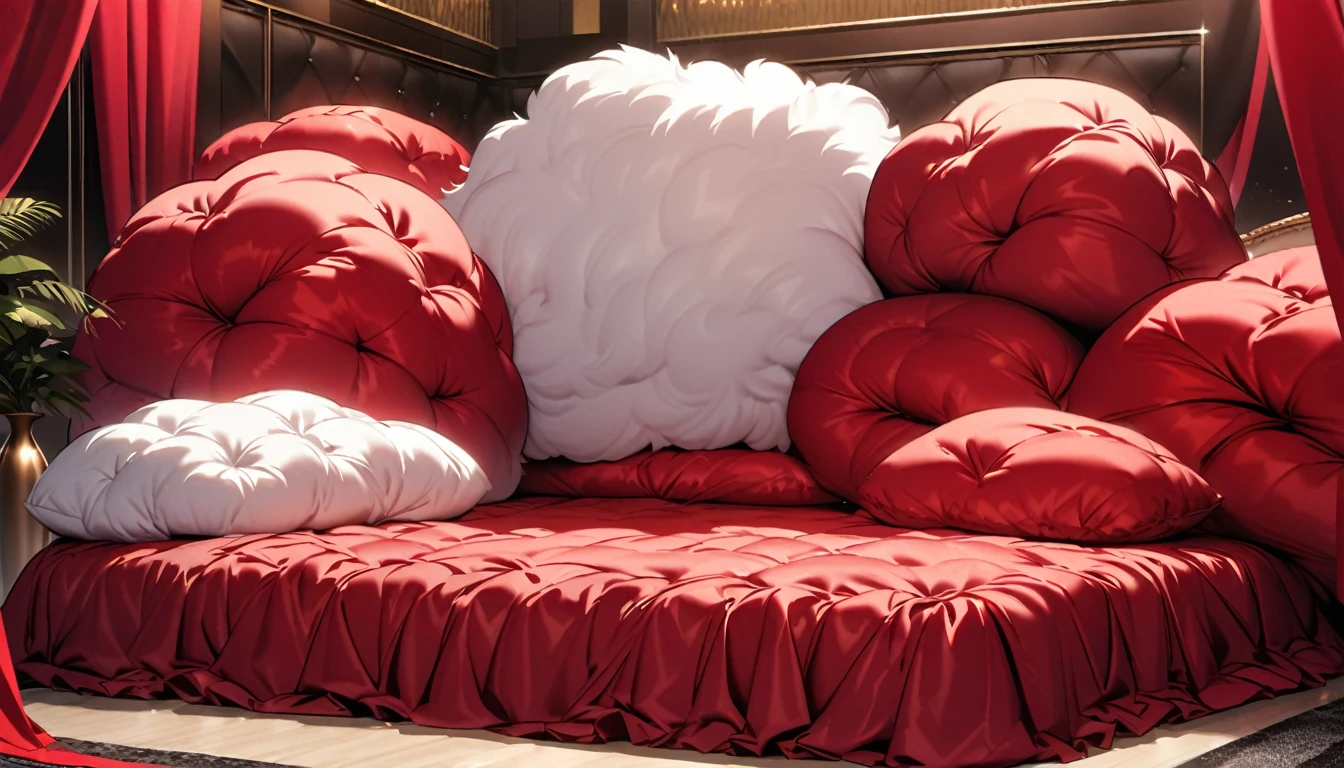 Fluffy red silk duvet、Lots of giant silk pillows、Luxurious fluffy red silk bed
