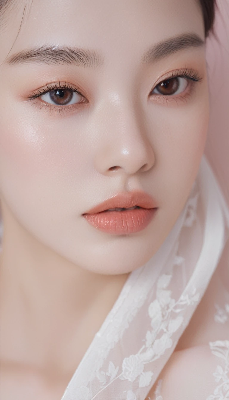 medium wide close-up, potrait, wide shoot, profile photo, front photo, 1girl, woman, (Photorealsitic)、(intricate detailes:1.2)、(​masterpiece、:1.3)、beauty face, (top-quality:1.4)、(超A high resolution:1.2)、超A high resolution、(A detailed eye)、(detailed facial features), ((Realistic lighting、top-quality、8K、natural light, ​masterpiece:1.3))、bright photo, Clear focus:1.2、1girl in、flawless beauty:1.4、Superfine Face、Narrow-eyed、double eyelid、photos realistic, perfect eyes, perfect skin, detailed skin, detailed face, looking viewer, front view, potrait, raw photo, simple soft pink background, (intricate detailed skin textured:1.4) front view, looking viewer, clear face,  1 girl、porate、Bright and very beautiful face、beautiful girl, A stunning close-up portrait showcasing the beauty of a Korean model. The composition features soft, natural lighting , bright eyes,   The background is simply white background,  mosleem wear , wear hijab, instagram model, profil picture, bright and natural