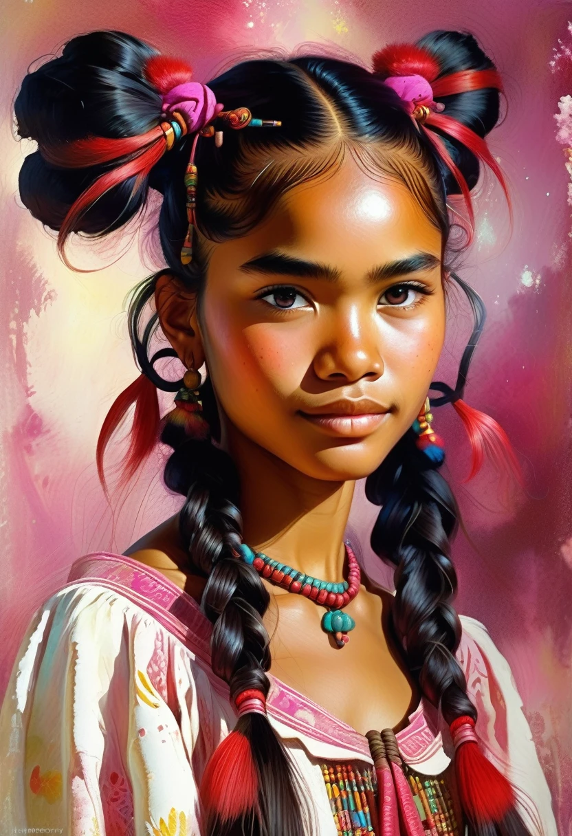 young  micronesian 1girl, full body, an extremely delicate and beautiful, (twin tails hair style), ((Jerry-Pinkney style!)), ((perfect full body detail)), magic naive art, primitivism, protogen, crimson , ((best quality, Masterpiece)),((Highest detail Konstantin Makovsky)), ((Highest detail)), RAW:1,1, 8k