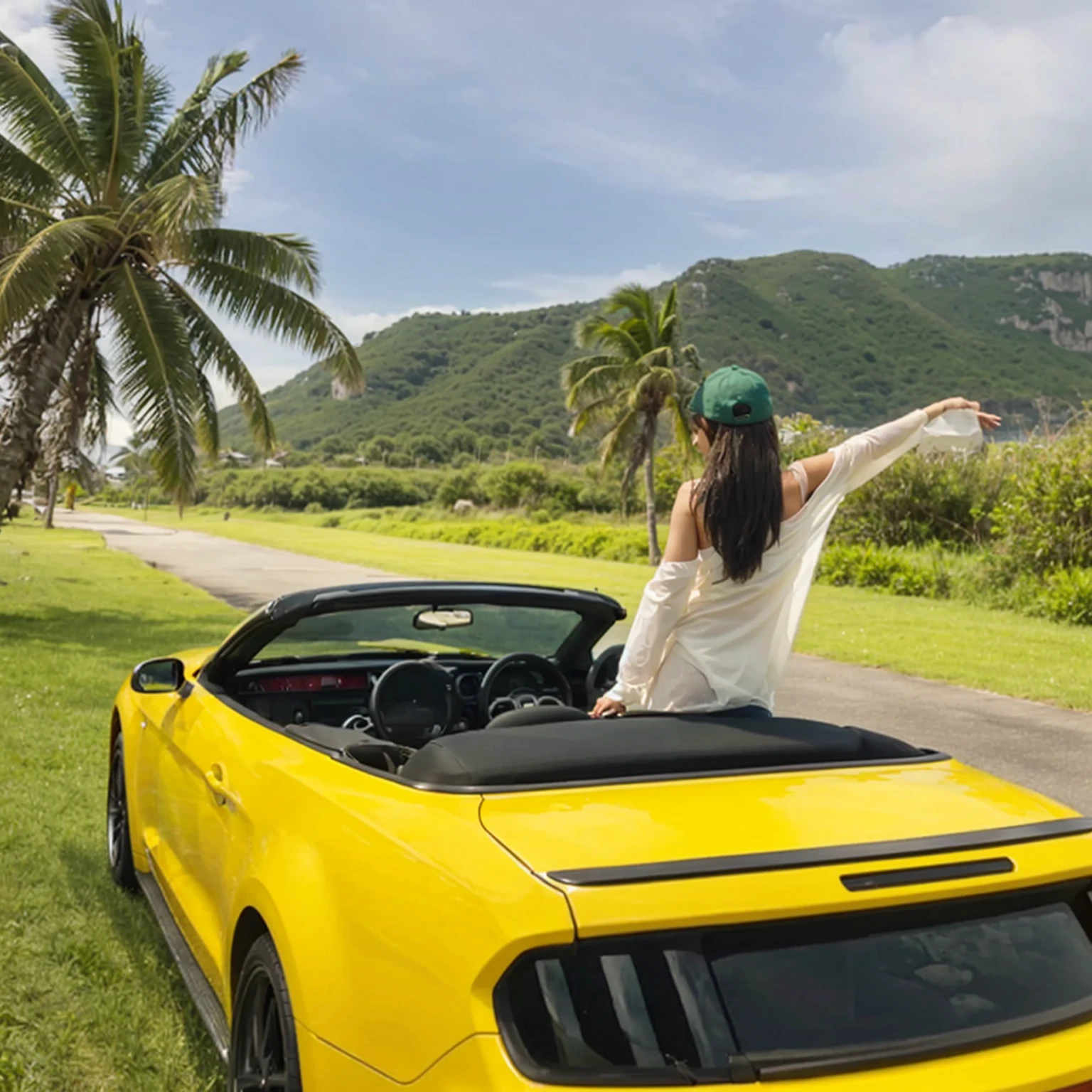 seaside,Vacation,A girl in a skirt,pink roadster,Back,Big View