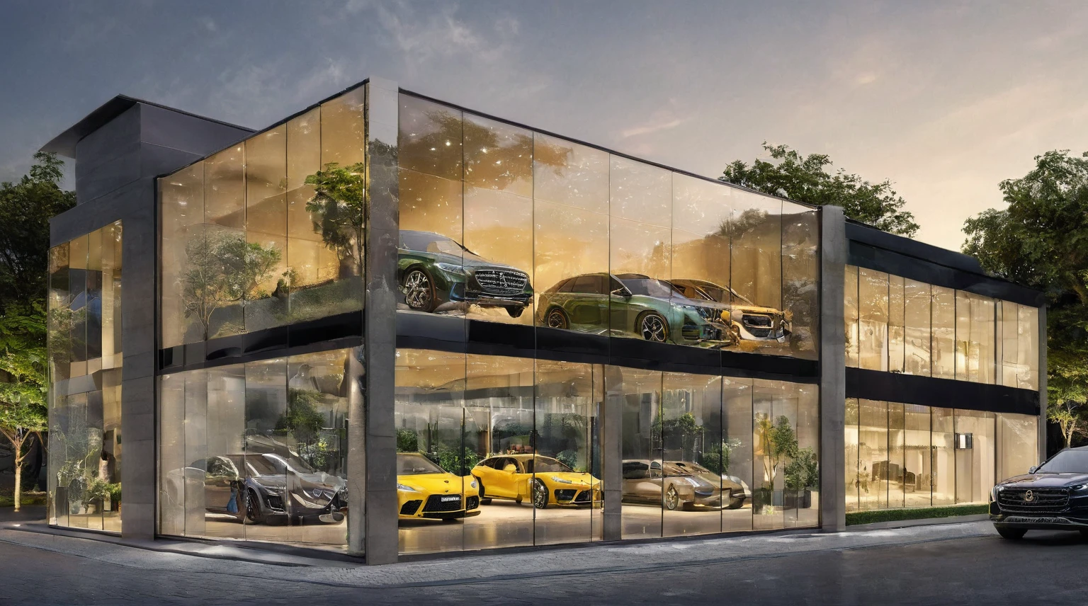 (exterior scene, auto showroom, night light), Create an outdoor scene featuring a luxurious car showroom. The building should have large glass windows and a facade covered with elegant CNC perforated panels, reminiscent of a high-end Gucci store. The panels and glass should reflect the magical glow of spotlights. It's evening, and warm yellow light emanates from inside the showroom, which is filled with stylish cars on display. The sky is clear blue, with the glass panels reflecting its colors. The street view includes wide sidewalks with clusters of green trees and bustling pedestrians. Ensure the composition highlights the primary and secondary focal points perfectly
