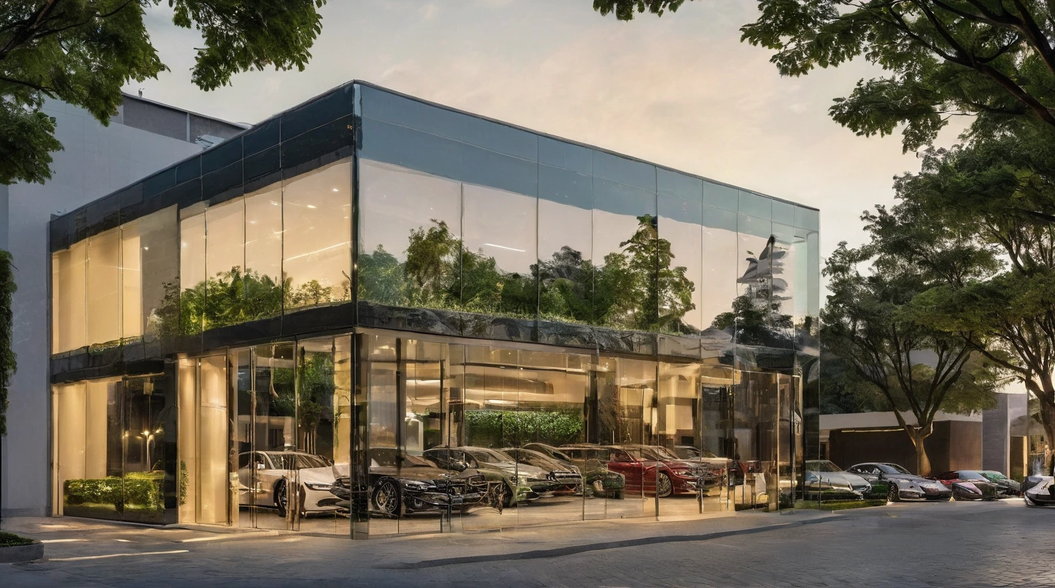 (exterior scene, auto showroom, night light), Create an outdoor scene featuring a luxurious car showroom. The building should have large glass windows and a facade covered with elegant CNC perforated panels, reminiscent of a high-end Gucci store. The panels and glass should reflect the magical glow of spotlights. It's evening, and warm yellow light emanates from inside the showroom, which is filled with stylish cars on display. The sky is clear blue, with the glass panels reflecting its colors. The street view includes wide sidewalks with clusters of green trees and bustling pedestrians. Ensure the composition highlights the primary and secondary focal points perfectly
