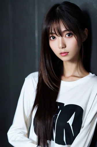 Skinny Japanese woman, Long Straight Hair, wear (Long sleeve T-shirt:1.3), Standing in a dark room. The walls are painted a soft white. Realistic, Realistic, high quality, Raw photo, Detailed Background, Very detailed, Sharp focus, High resolution, 8K, 超High resolution, Digital SLR, Realistic eyes, Perfect Eyes,