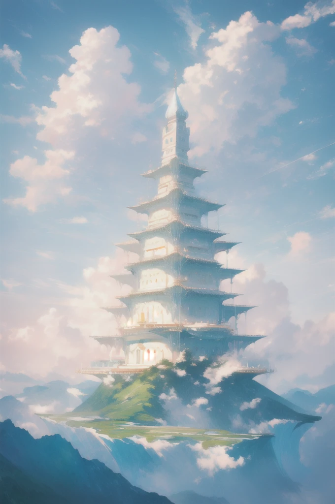 Gently illustration, Soft atmosphere, Pastel colored pencil illustrations, absurd, meticulously made, Ultra-high quality, Ultra Detailed, landscape, Sky, water, cloud，Sky, architecture, Sky Palace Castle，Looming，极好的landscape, Magnificent views, 在cloud端，Solitary，Sky Island，Floating island in the air