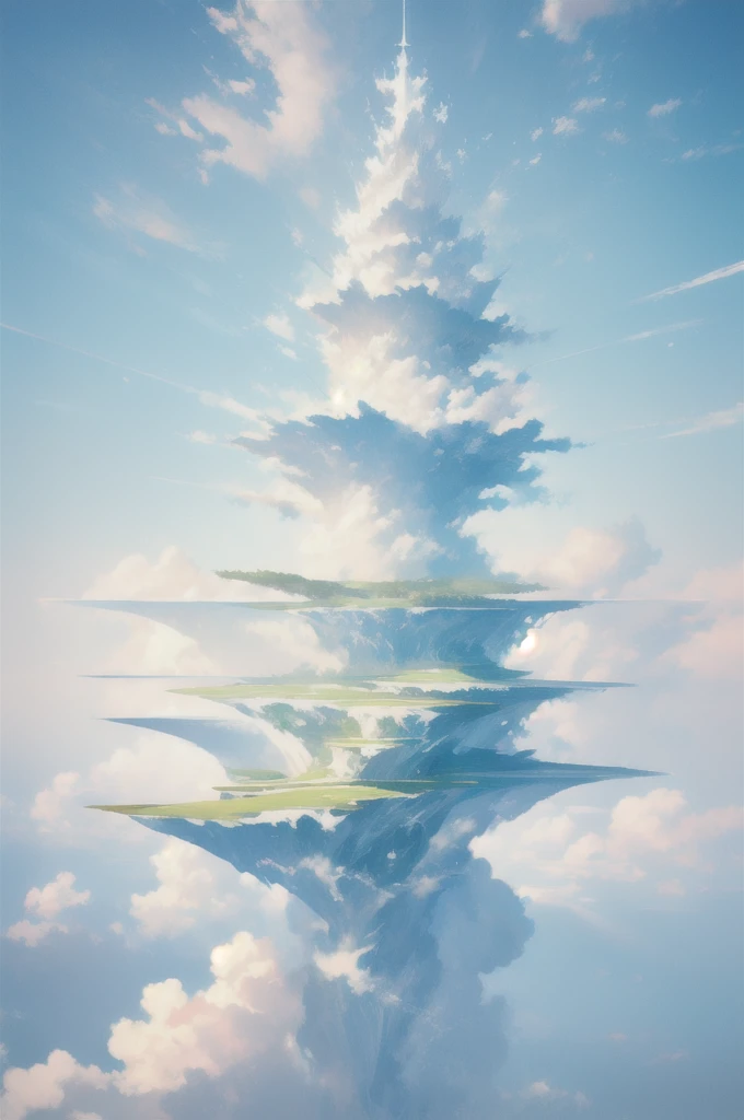 Gently illustration, Soft atmosphere, Pastel colored pencil illustrations, absurd, meticulously made, Ultra-high quality, Ultra Detailed, landscape, Sky, water, cloud，Sky, architecture, Sky Palace Castle，Looming，极好的landscape, Magnificent views, 在cloud端，Solitary，Sky Island，Floating island in the air