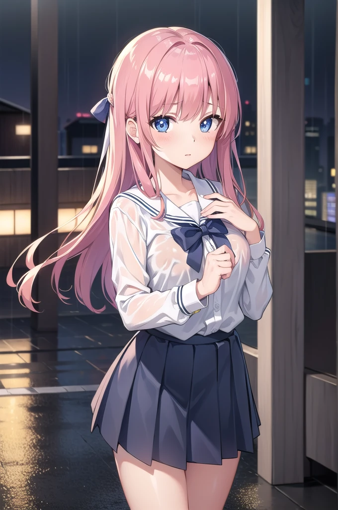 nodokaharamura, nodoka haramura, blue eyes, hair bow, long hair, pink hair, bow,
BREAK blue skirt, kiyosumi , pleated skirt,serafuku, skirt,
BREAK looking at viewer,
BREAK indoors, city,night,neon lights,rain,wet road,reflections
BREAK (masterpiece:1.2), best quality, high resolution, unity 8k wallpaper, (illustration:0.8), (beautiful detailed eyes:1.6), extremely detailed face, perfect lighting, extremely detailed CG, (perfect hands, perfect anatomy),black pantyhose, full body, standing in street, wet uniform,no bra,nipples,nipples see through,open blouse,wet hair,