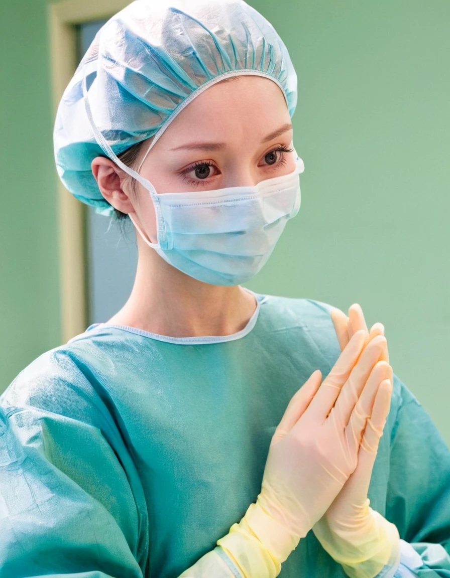 score_9,  score_8_up, score_7_up, masterpiece, highest quality, pale skin, shy eyes, cover the ears, big breasts, surgical mask, surgical cap, long sleeve surgical gown,
1 girl, solo, rubber gloves, frown,  standing, in one hospital, in the operating room,