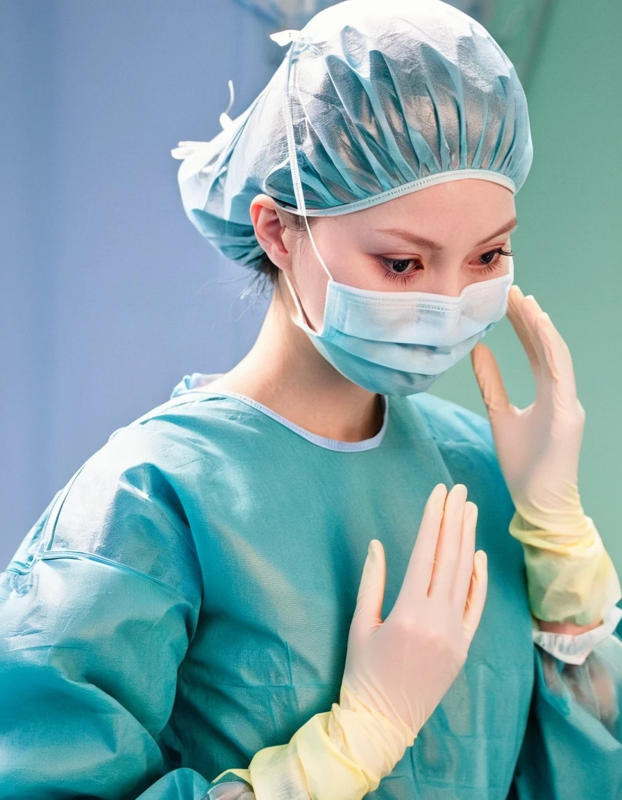score_9, score_8_up, score_7_up, masterpiece, highest quality, pale skin, shy eyes, cover the ears, big breasts, surgical mask, surgical cap, long sleeve surgical gown,
1 girl, solo, rubber gloves, frown, standing, in one hospital, in the operating room,
