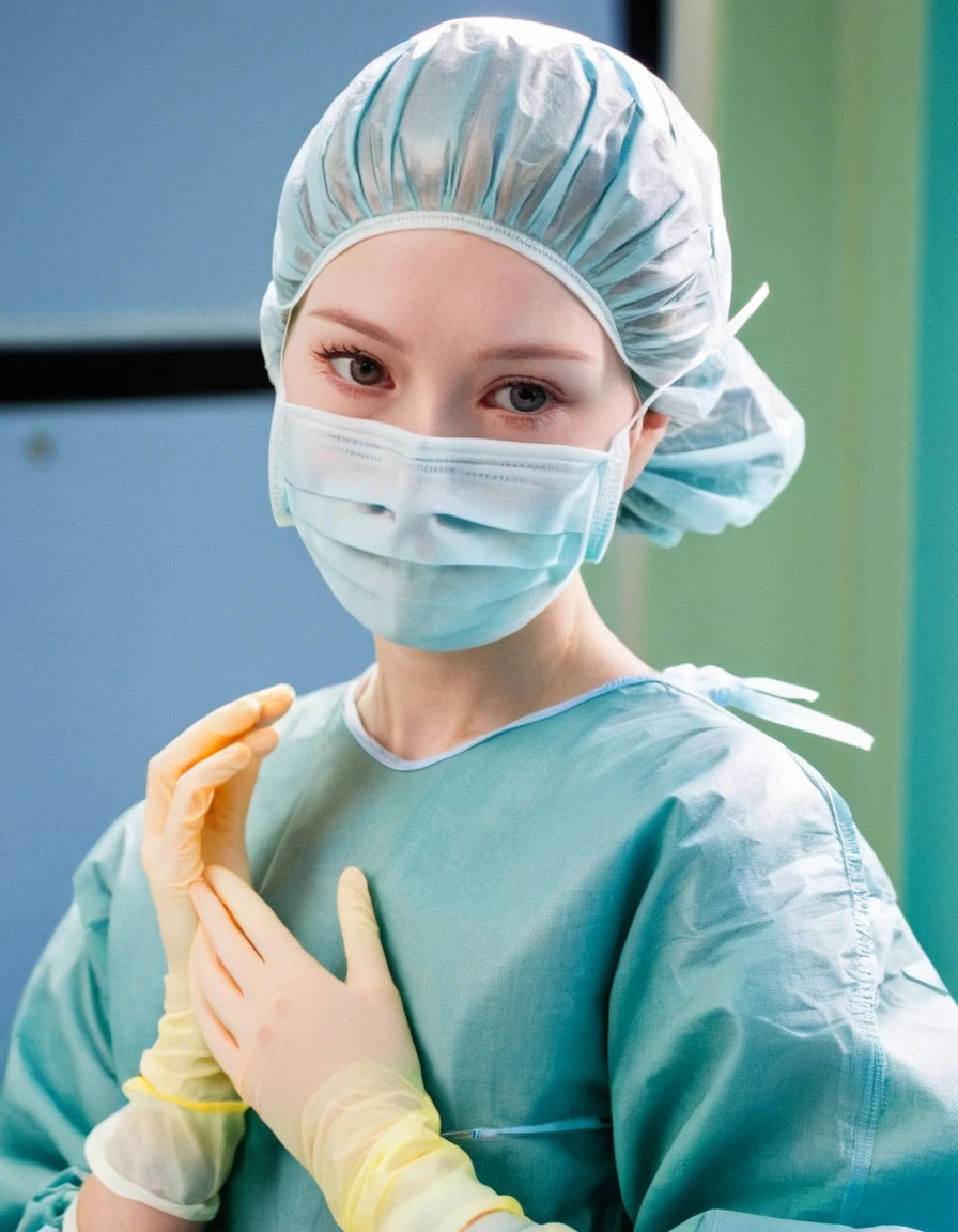 score_9,  score_8_up, score_7_up, masterpiece, highest quality, pale skin, shy eyes, cover the ears, big breasts, surgical mask, surgical cap, long sleeve surgical gown,
1 girl, solo, rubber gloves, frown,  standing, in one hospital, in the operating room,