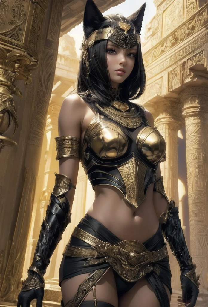 ((Highly accurate drawing in every detail)Extremely precise depiction)[High resolution],(detailed illustrations,Very fine and detailed drawing,Delicate drawn lines with tempo,Realistic texture expression),[color traced main line],[ruins background [Ancient Egypt]],hentai (ANIME Girl (beautiful) 16 years old) cyborg [(tanned skin) [Lustrous black hair]],((bastet) Beautifully decorated golden cyber armor) ([Complex decorative processing] [elegant],Gorgeous golden luster (Polished reflective luster)) [Gorgeous and luxurious],gravure,[Oparts Lost Technology [Hierograph]],(Intricate and beautiful decoration [Dense detail]),(Fine and beautiful skin expression [transparency]),Precisely drawn eyes[Perfect eyes detailed(Iris drawn in minute detail)(Beautiful eyes like jewels)],[eyes light[Pinpoint lighting for the eyes]],[Long and beautiful eyelashes],[precisely drawn hair [Beautiful and lustrous hair detailed]],(Perfectly hand detailed [Beautiful fingers without failure [beautiful nails]]),(perfect anatomy(perfectly balanced proportions))[[full body portrait]],[[Design built to the highest level]][ideal color coordination(Accurate simulation of light and material interactions)],([Precision Detail](detailed,高fine)),[Visual art that tells a story],((highest quality)fine[[High density drawing]])(4K Quality). Black cat, anthropomorphic, black ninja, ninja in swimsuit, full body shot, facing forward, black clothing, adult and sexy,