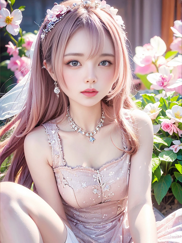 4K Ultra HD, masterpiece,Elegant and dynamic portrait,Stunningly beautiful girl, Big Breasts, Long Hair, girl, Nice face, Fine grain, Detailed lips, Flower fairy girl, , Neon Light, Galaxy Background,Floral Dress, Magenta Dress, In heaven, Sitting on a unicorn, Beautiful and clear eyes, Delicate necklace, Delicate earrings (Hair decorated with delicate flower arrangements, crystal jewelry string), (View your viewers)Slim body type、