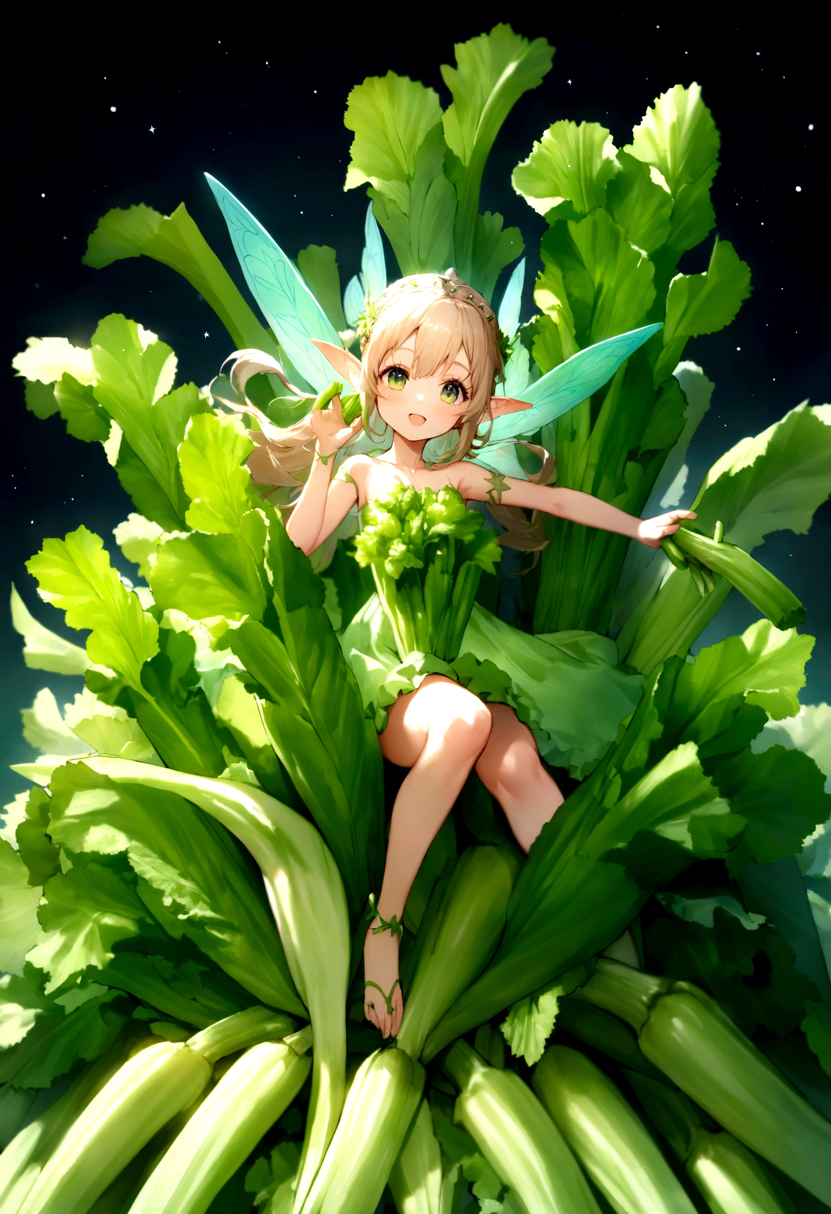 a fairy flying over a pile of Celery, holding one Celery on her hand
