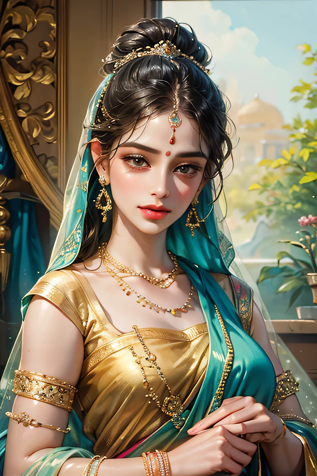painting of a woman in a colorful sari with a necklace and earrings, beautiful character painting, painting of beautiful, indian art, traditional beauty, beautiful art uhd 4 k, beautiful digital artwork, very beautiful portrait, beautiful digital painting, detailed beautiful portrait, gorgeous woman, stunning digital painting, beautiful portrait, beautiful digital art, stunning portrait, beautiful gorgeous digital art, indian