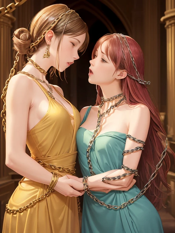 {(watercolor painting:1.2),(ultra realistic photo graphic style:1.1),(renaissance style:1.2)}, {(pure white skin:1.1),(extremely detailed beautiful face and eyes and skin and hair)}, BREAK, {erotic face,anguish,(very ecstasy:1.2),(writhing:1.4),embarrassing,half open eye},{(very obscene pose:1.2),(arched back:1.2),(arch one's head:1.4)}, BREAK,{(very Amazing mini length dress:1.3), (very beautiful mini length dress:1.3),(beige colored dress), (sky-blue colored dress), (green-yellow colored dress),(magenta colored dress),(salmon_red colored dress),(wet clothes:1.2)}, BREAK, {(many chains from the ceiling:1.4), (chain shibari:1.3),(chain bondage), (chain restraint),(wrap limbs with chains:1.8),(chain bind body),(chain in collar:1.2), confinement, shackles}, BREAK, {(2 woman, medium breasts, (lick each other:1.2, saliva), braid hair intricately)},{dynamic low angle view}, {(palace throne room:1.2),(glowing stained glass:1.2)}, {(glowing tears:1.1)}