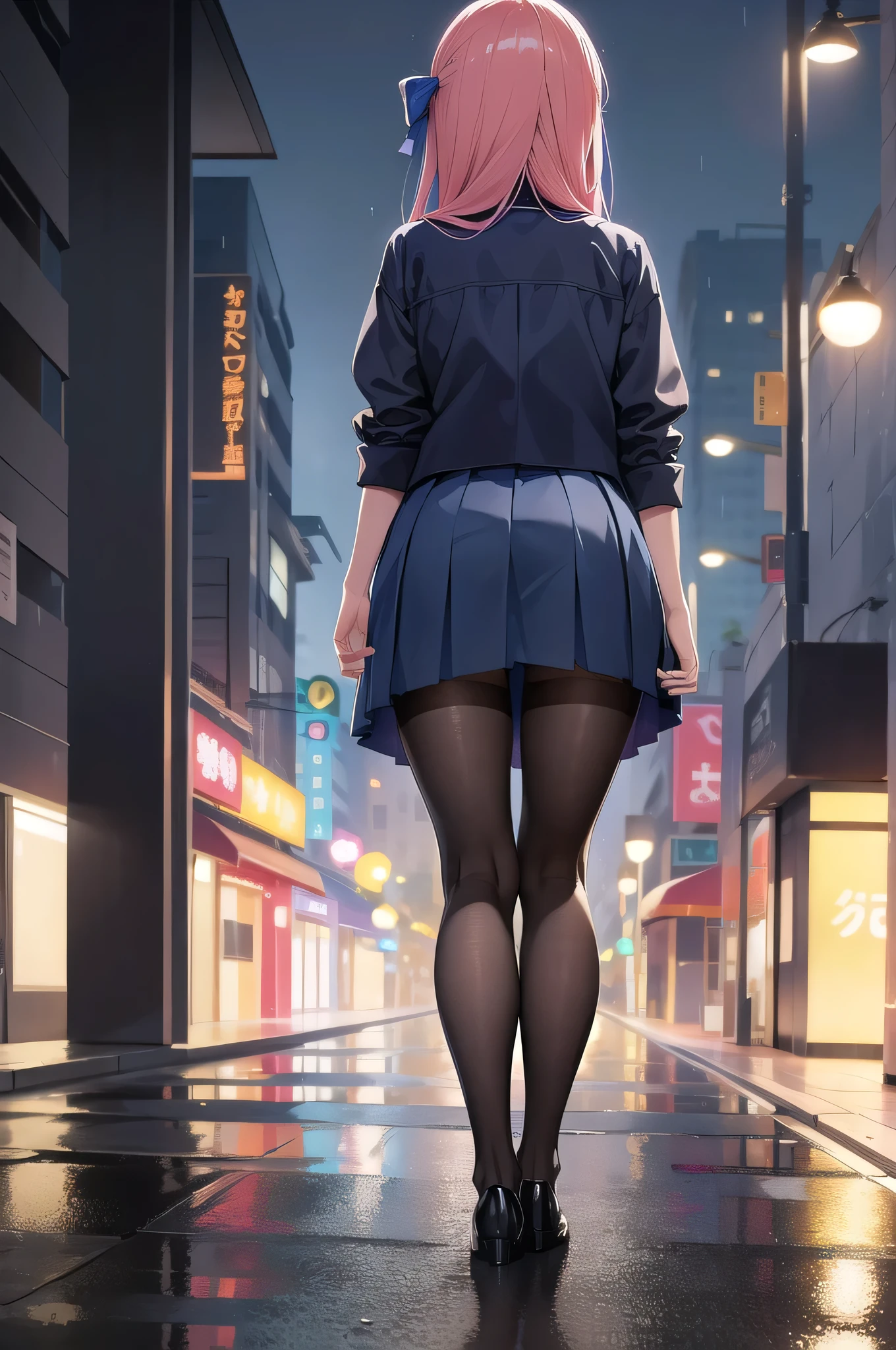nodokaharamura, nodoka haramura, blue eyes, hair bow, long hair, pink hair, bow,
BREAK blue skirt, kiyosumi , pleated skirt,serafuku, skirt,
BREAK looking at viewer,
BREAK indoors, city,night,neon lights,rain,wet road,reflections
BREAK (masterpiece:1.2), best quality, high resolution, unity 8k wallpaper, (illustration:0.8), (beautiful detailed eyes:1.6), extremely detailed face, perfect lighting, extremely detailed CG, (perfect hands, perfect anatomy),black pantyhose, full body, standing in street, wet uniform,from behind,back view, from below, shows ass, panties,wet panties,camel toe.