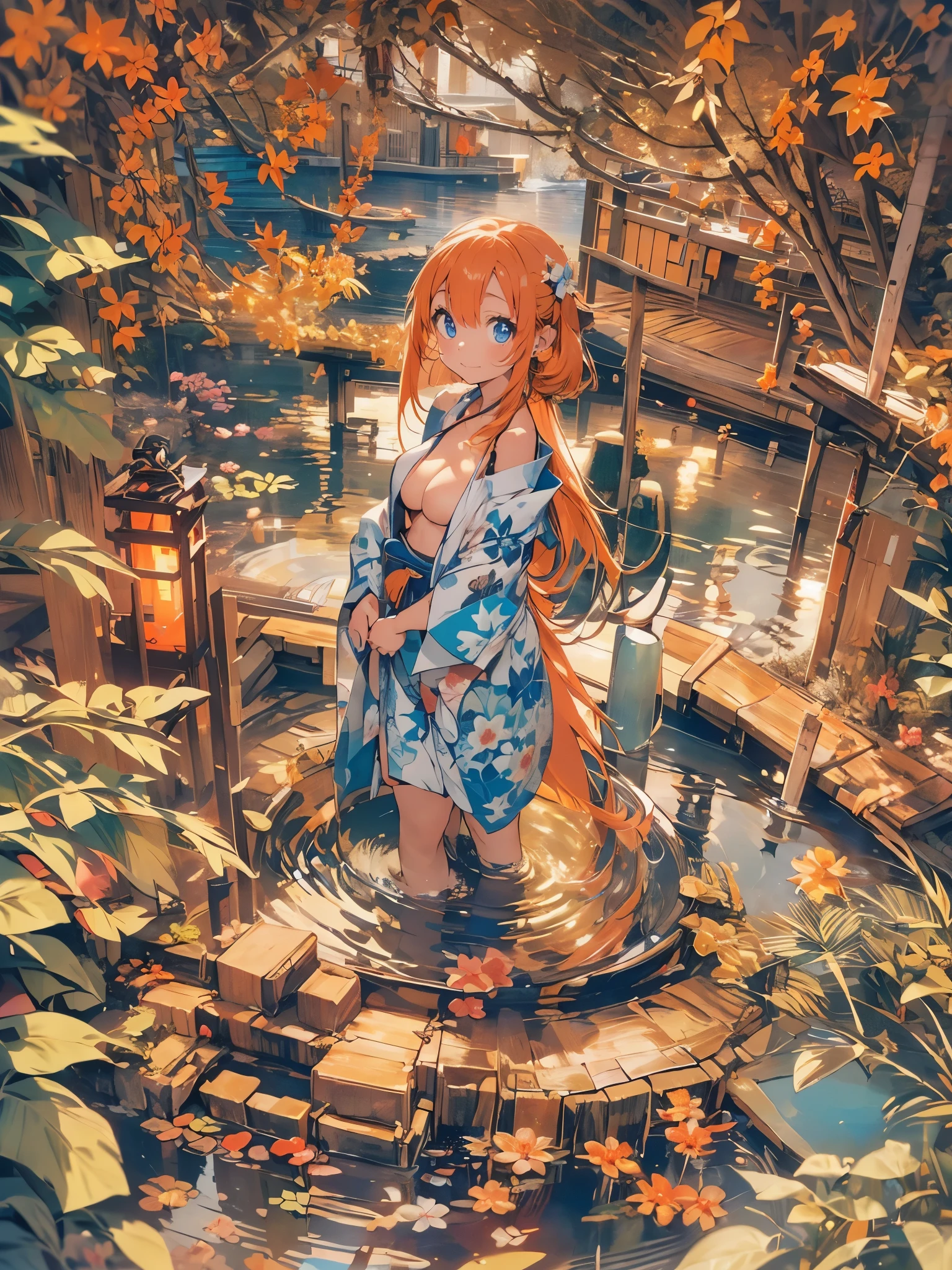 One angel wearing a yukata after a hot spring bath(:1.5)(Small body) (Orange Hair:1.5)(eyelash:1.2) (Mid-length hair:1.4), (Blue eyes)(Big Breasts:1.3)High Contrast