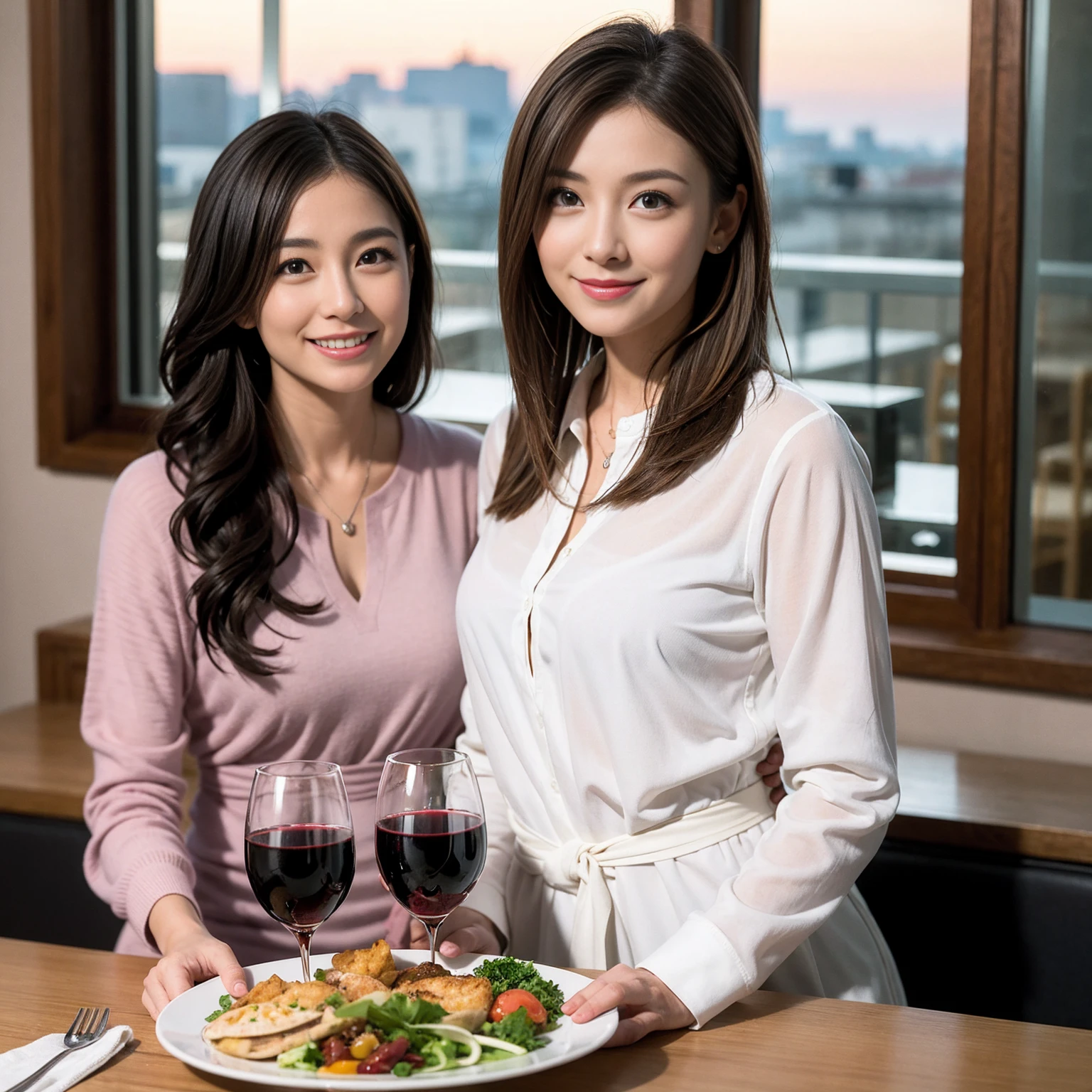 ((Highest quality、8K、masterpiece:1.3))、Yuuko Araki、slimカップル、Pink rubber、modelカップル、(Realistic, Intricate details:1.2), full-course dinner、Wine Party、Amazing view of the sunset sky and clouds、A bright smile、The wonderfulness of smile、Bright image、The beauty of wine, Beautiful Face, blue eyes, The light shines on your face, Blushing, short hair,Bright Face、 (Age 37), 39 years old, red wine 、Appetizers、Italian food、Wine bottle、Champagne、sparkling wine、Two beauties、Brown Hair、Shortcuts、Long sleeve shirt、dress、Beautiful woman 1, (slimな顔), (The body is slim), (Brown Hair), (Shortcuts), cheeks turn a little red,Attractive beauty、restaurant, In a prominent place (From the waist up) Nova Frog Style, actress, model, Upper Body, White wine, slim, wine glass, 中央に置かれたwine glass, smile, (smile: 1.15), Beautiful fine grain, Depth f/2,saturation, High Contrast, Strong light and shadow,Moist Body:1.5、3D texture、Delicate eyes、Brown Hair、The hair is very shiny、