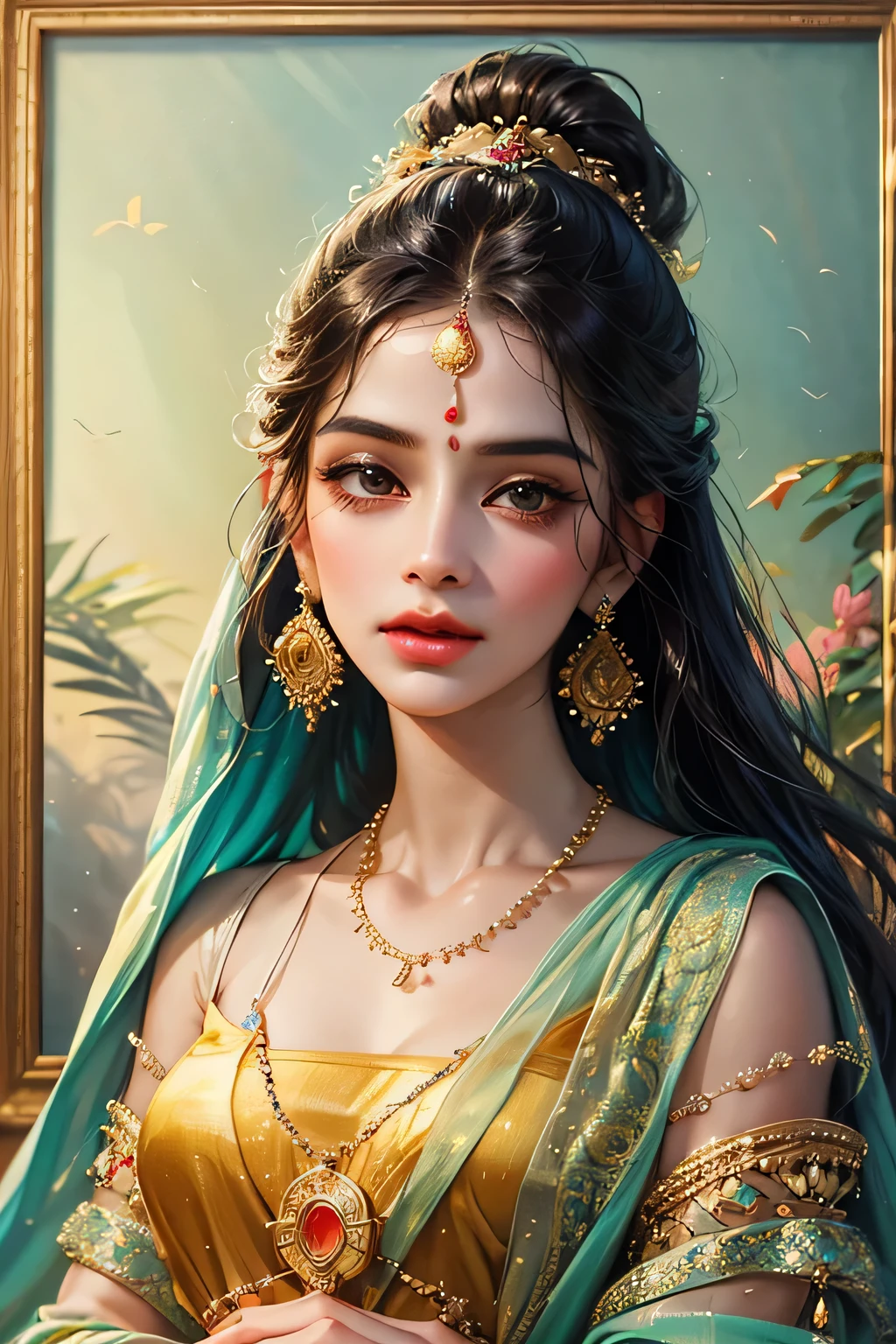 painting of a woman in a colorful sari with a necklace and earrings, beautiful character painting, painting of beautiful, indian art, traditional beauty, beautiful art uhd 4 k, beautiful digital artwork, very beautiful portrait, beautiful digital painting, detailed beautiful portrait, gorgeous woman, stunning digital painting, beautiful portrait, beautiful digital art, stunning portrait, beautiful gorgeous digital art, indian