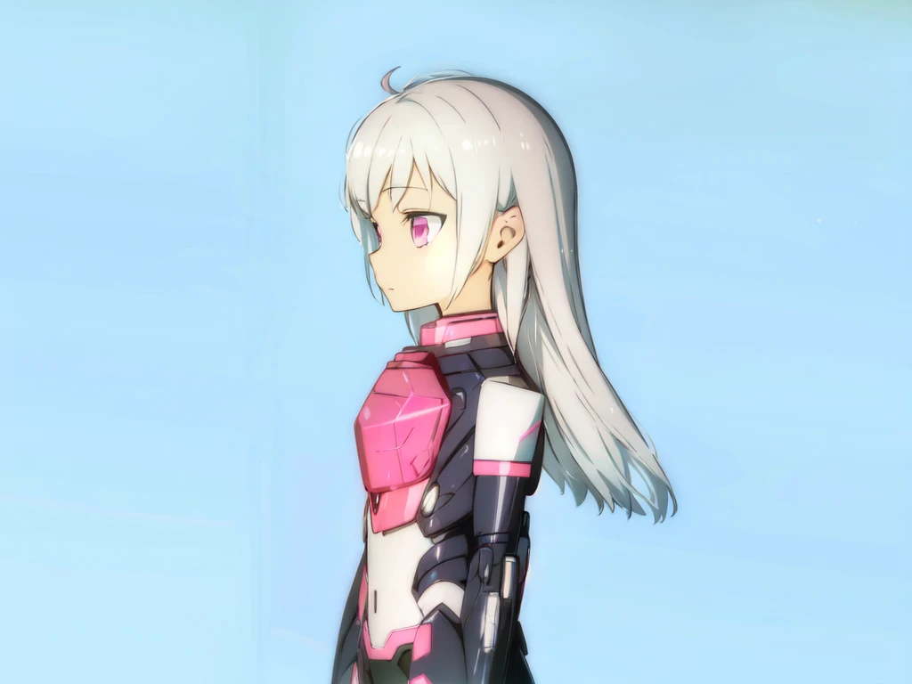 1girl, mecha musume, pink and black armor, light armor, standing, white hair, blue sky, pink eyes, long hair, looking away, looking at side,