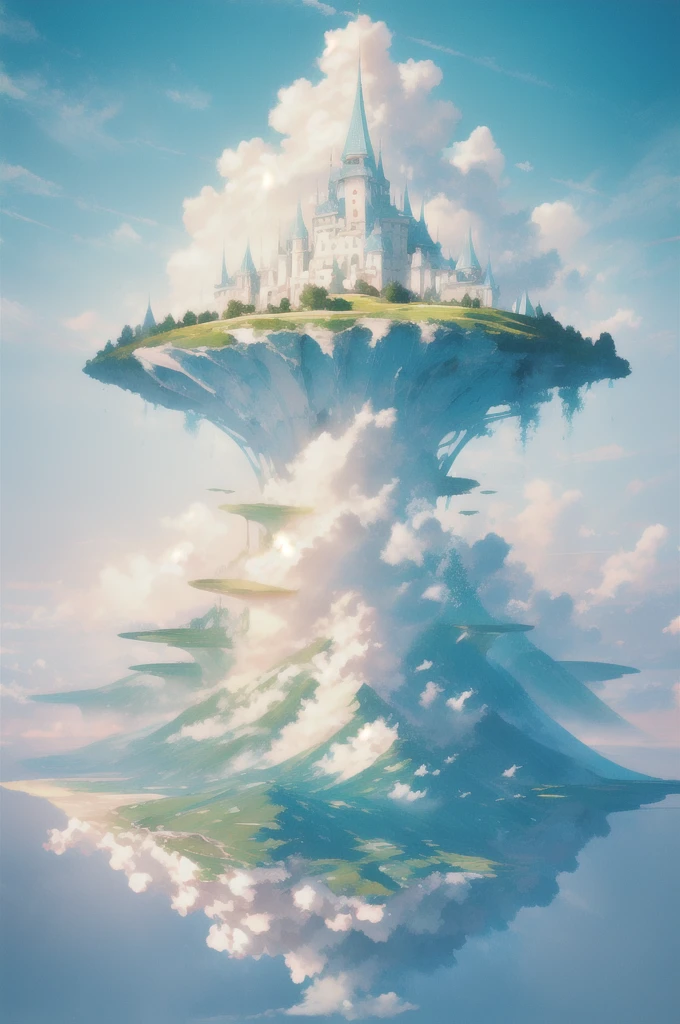 Gently illustration, Soft atmosphere, Pastel colored pencil illustrations, Surreal, meticulously made, Ultra-high quality, Ultra Detailed, landscape, Sky, cloud，Sky, architecture, Sky Palace Castle，Looming，极好的landscape, Magnificent views, 在cloud端，Solitary，Sky Island，Floating island in the air