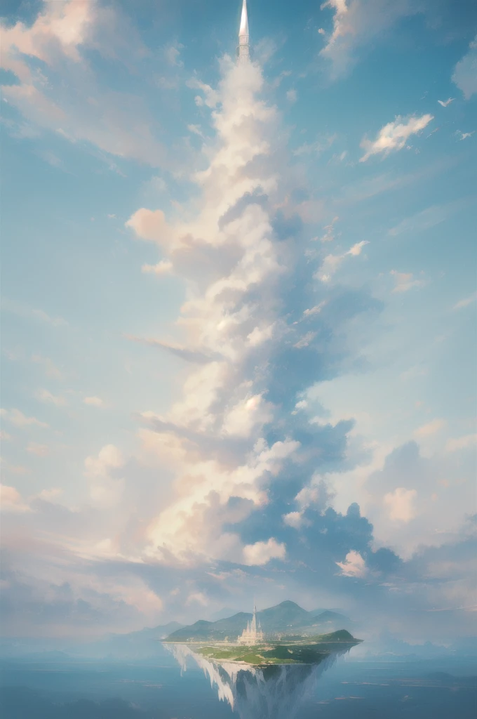 Gently illustration, Soft atmosphere, Pastel colored pencil illustrations, Surreal, meticulously made, Ultra-high quality, Ultra Detailed, landscape, Sky, cloud，Sky, architecture, Sky Palace Castle，Looming，极好的landscape, Magnificent views, 在cloud端，Solitary，Sky Island，Floating island in the air