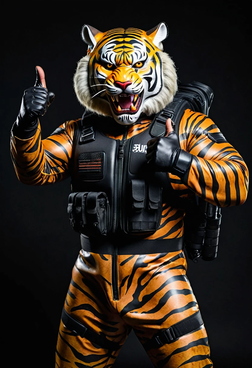 (a dark-skinned fat muscular old man in a bulky camouflage zipper diver suit) carrying a gun and (wearing realistic roaring siberian tiger mask), thumbs up, muscular, Basuki Abdullah, sumatraism, action, a character portrait, heroic, fierce, snarling