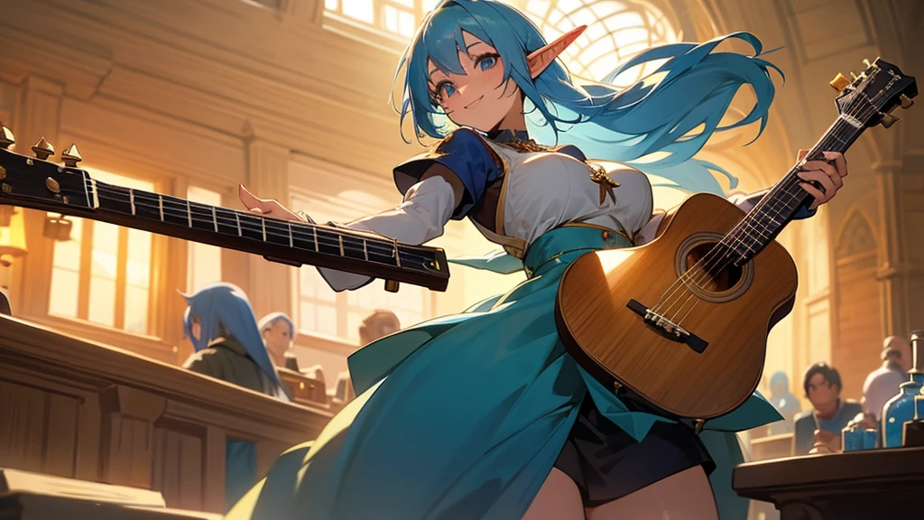 Anime Style,Nostalgic,Detailed background,The medieval world,A lively bar with lots of people,Smiling bard blue-haired beautiful elf girl,guitar,Large Breasts,Healthy thighs,Underarm