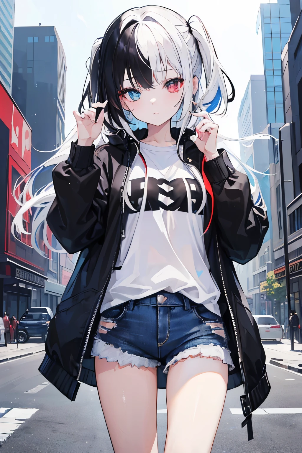 masterpiece, 4k, anime style, (((1_girl))), (((only_one_girl))), (((half_divided_hair))), (((half_divided_color_hair))), ((two_hair_color)), (((individual_hair_color))), (((white_and_black_hair))), (black_hair), ((mixed_color_hair)), (((oddeye))), (((red_left_eye))), (((blue_right_eye))), (((individual_eye_color))), black jacket, spread jacket, white crop shirts, black_jeans, short_jeans, (outside), city