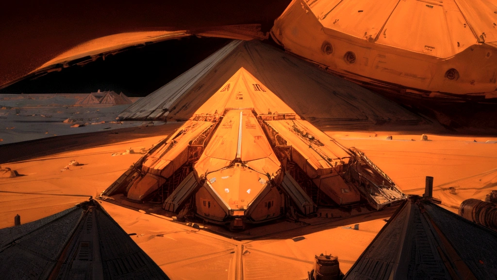 Mars base, Martian colony, On the orange surface of Mars,There is a transport vehicle,There is a robot car and a pyramid on the left.,There are many alien buildings in the middle of the picture,I hope to keep the original details,Make as few changes as possible,Ultra-HD Realism。