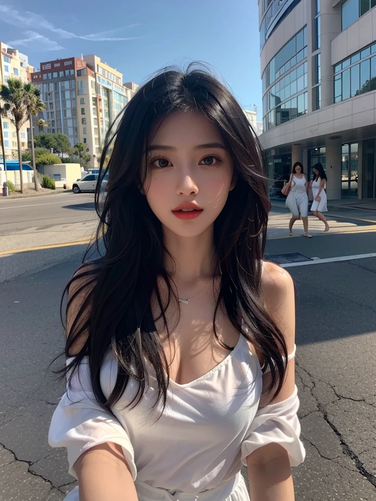 one girl,Beutiful women, Along the coast,During the day,Wearing a white camisole,Long Hair,Black hair color