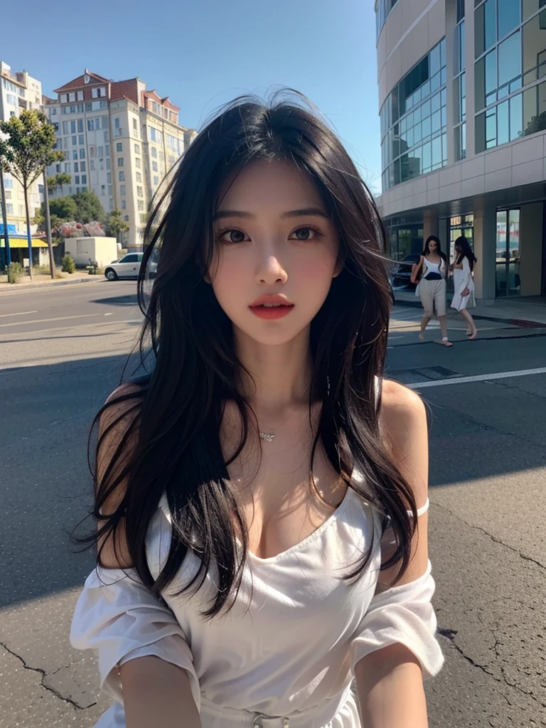 one girl,Beutiful women, Along the coast,During the day,Wearing a white camisole,Long Hair,Black hair color
