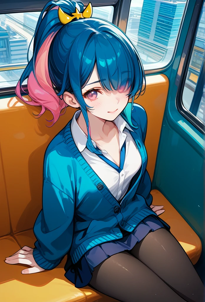 mature woman, mature face, pink eyes, shy expression, shy face, nervous smile, glossy lips, ponytail hair, (blue hair color, pink gradient hair color, azure color hair), bangs covering left eye, left blinding bangs hairstyle, mature body, small breasts, dark blue cardigan, open cardigan, white shirt, short skirt, navy color skirt, pantyhose, sitting in train, bullet train, tokyo through windows, windows behind, above view